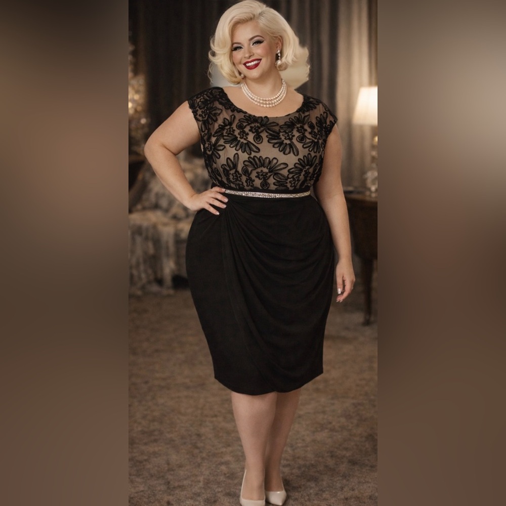 Connected Woman- 20W- black and nude, lace dress- retro plus size-does 50’s
